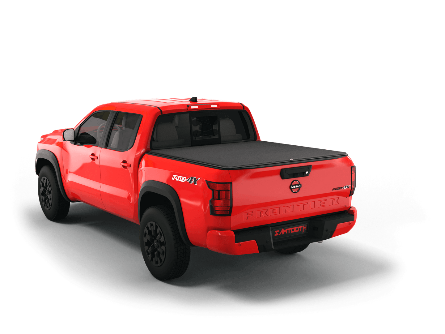 Red Nissan Frontier with flat Sawtooth Stretch expandable tonneau cover